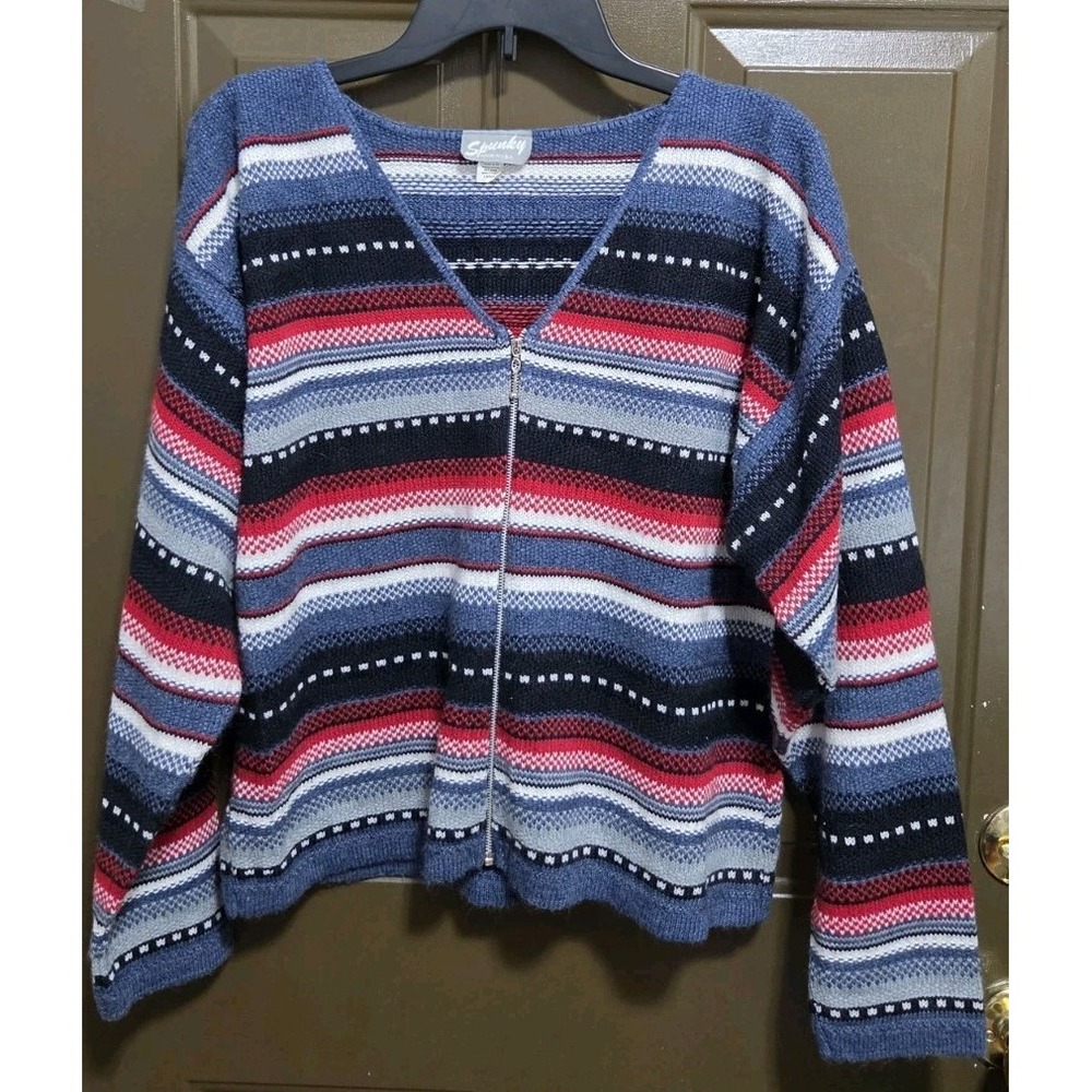 Vintage 90's Spunky L Cardigan Sweater Front Zip Fair Isle Nordic Light Layer - Picture 11 of 12